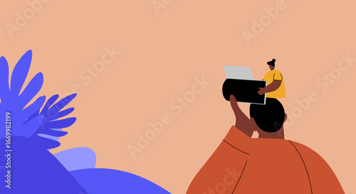 A larger figure supports a smaller person diligently working on a laptop. Represents collaboration, mentorship, and digital work. Ideal for business and tech concepts.
