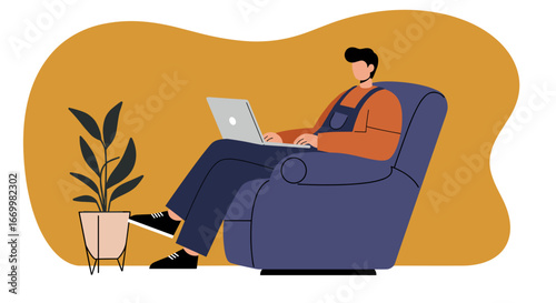 Man comfortably working from home on his laptop in an armchair, embodying remote work, flexible lifestyle, and productivity. Ideal for business and technology concepts.