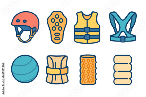 Spine Protection Icons. Flat vector mini-illustrations spine protection in colors children's illustrations: helmet, back protector