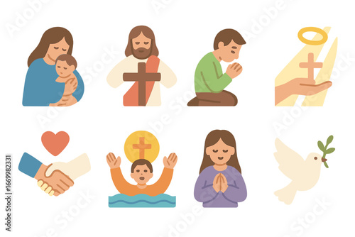 Spiritual Children's Icons. Flat vector mini-illustrations confession spiritual themes in colors children's illustrations: mercy,