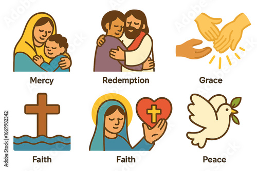 Spiritual Children's Icons. Flat vector mini-illustrations confession spiritual themes in colors children's illustrations: mercy,