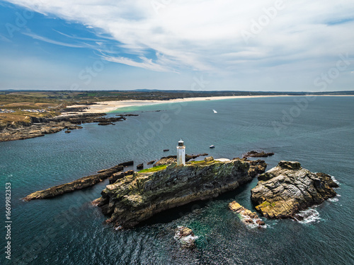 Godrevy Lighthouse from a drone, Godrevy Island, St Ives Bay, Cornwall, England	