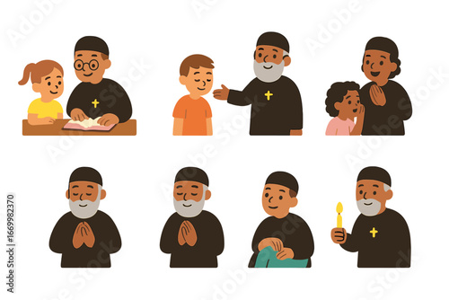 Spiritual Guidance Icons. Flat vector mini-illustrations Spiritual father’s role in colors children's illustrations: teaching,