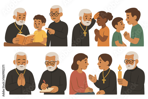 Spiritual Guidance Icons. Flat vector mini-illustrations Spiritual father’s role in colors children's illustrations: teaching,