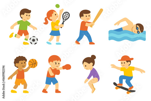 Sports Action Icons. Flat vector mini-illustrations forces in sports in colors children's illustrations: soccer kick, tennis serve
