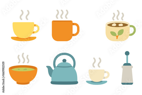 Steaming Beverages Grid. Flat vector mini-illustrations steam and drinks in colors children's illustrations: steaming tea cup,