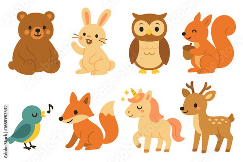 Storytime Animal Icons. Flat vector mini-illustrations storytime animals in colors children's illustrations: friendly bear,