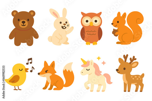 Storytime Animal Icons. Flat vector mini-illustrations storytime animals in colors children's illustrations: friendly bear,