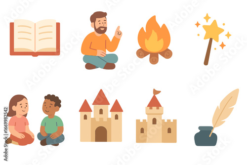 Storytime Magic Icons. Flat vector mini-illustrations storytelling tradition in colors children's illustrations: open book,