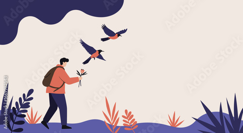 Hiker with a backpack and wildflowers enjoying a leisurely walk in nature, with birds flying freely. Outdoor exploration and wellbeing.