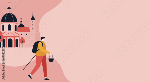Minimalist illustration of a solo traveler with a backpack and walking stick exploring historic European architecture, ideal for travel and cultural content.