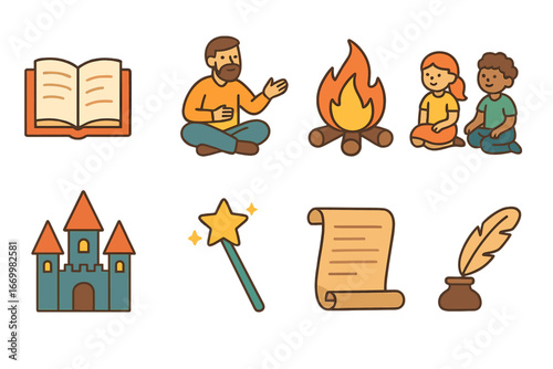 Storytime Magic Icons. Flat vector mini-illustrations storytelling tradition in colors children's illustrations: open book,
