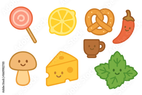 Taste Sensation Icons. Flat vector mini-illustrations taste sensations in colors children's illustrations: sweet candy, sour lemon