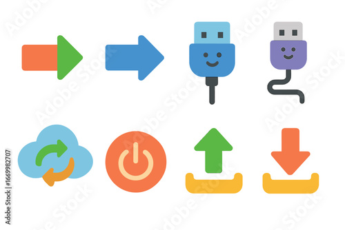 Tech Icons for Kids. Flat vector mini-illustrations input/output in colors children's illustrations: input arrow, output arrow,