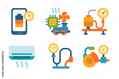 Technology Pressure Icons. Flat vector mini-illustrations pressure in technology in colors children's illustrations: smartphone