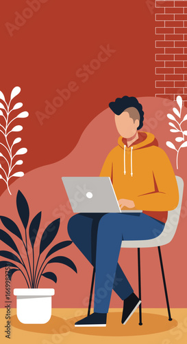 Young man casually working on a laptop at home, representing remote work, online learning, or digital freelancing in a comfortable, modern setting.