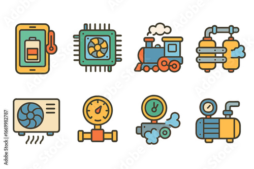 Technology Pressure Icons. Flat vector mini-illustrations pressure in technology in colors children's illustrations: smartphone