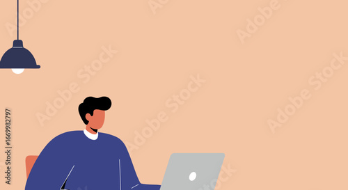 A focused man works diligently on his laptop in a minimalist workspace. Ideal for concepts of remote work, productivity, education, or freelance business.