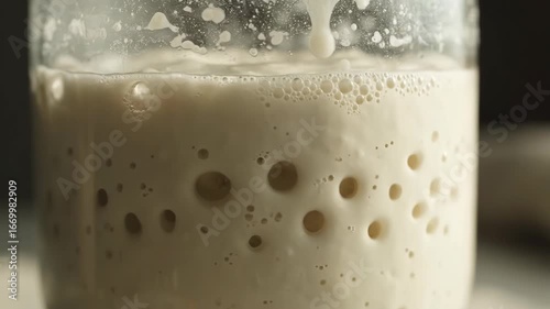 Bubbles rise and burst in a sourdough starter, showing fermentation in a beautiful close-up