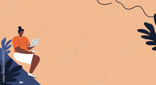 Modern illustration of a person working remotely on a laptop, enjoying a hot drink in a relaxed, natural setting. Ideal for themes of freelance work, digital nomad lifestyle, and technology.