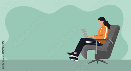 Woman working remotely on a laptop from a comfortable chair, representing freelance work, online education, or modern digital lifestyle.