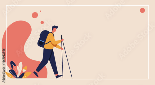 A vibrant illustration of a man with a backpack and walking poles, actively hiking through a stylized natural setting. Perfect for travel, lifestyle, and outdoor adventure themes.
