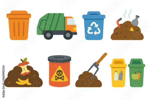 Waste Management Icons. Flat vector mini-illustrations waste management in colors children's illustrations: trash bin, garbage