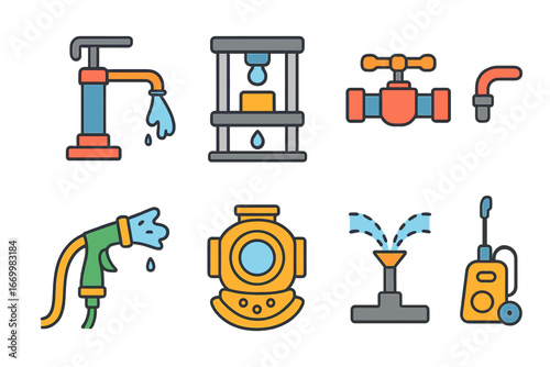 Water Pressure Icons. Flat vector mini-illustrations water pressure in colors children's illustrations: water pump, hydraulic