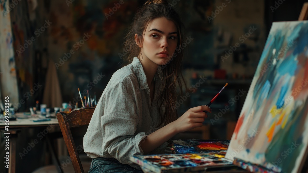 Fototapeta premium Young woman immersed in artistic creation in her studio, painting in progress