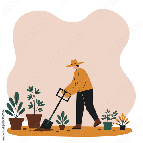 Person in a hat digging soil with a shovel, surrounded by potted plants. Illustrates gardening, agriculture, or a sustainable lifestyle. Perfect for nature, hobby, or outdoor living concepts.