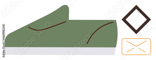 Modern green slip-on shoe with simple lines, accompanied by geometric diamond and envelope shapes. Ideal for fashion, footwear industry, branding, advertising, e-commerce, minimalism, casual wear