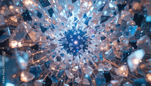Fototapeta Naklejka Na Ścianę i Meble -  A dynamic, abstract design featuring shards of transparent and reflective crystals, radiating outward from a central point, creating a captivating and futuristic visual effect.