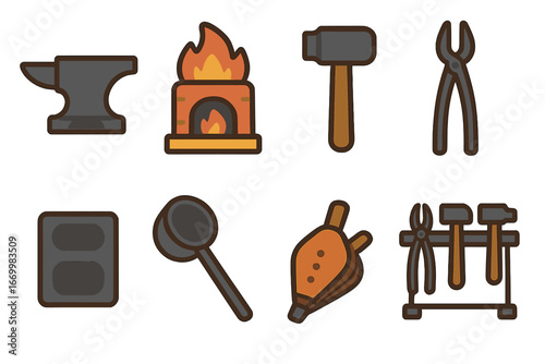 Workshop Tools Icons. Flat vector mini-illustrations cast iron workshop tools in colors children's illustrations: cast iron anvil,