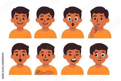 Youthful Emotions Grid. Flat vector mini-illustrations young adult emotions in colors children's illustrations: happy smile, shy