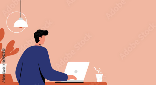 A man works diligently on his laptop in a minimalist home office setup, emphasizing remote productivity and digital lifestyle.