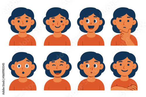 Youthful Emotions Grid. Flat vector mini-illustrations young adult emotions in colors children's illustrations: happy smile, shy
