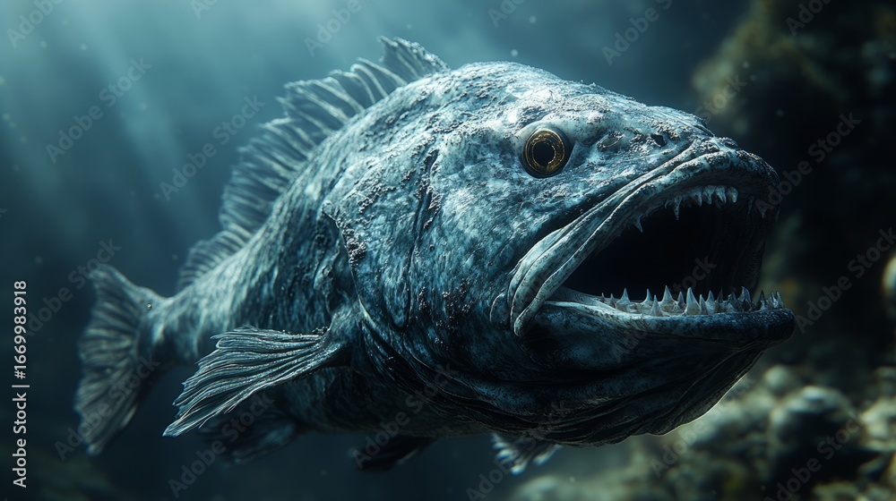 Fototapeta premium A menacing fish with sharp teeth glides through the deep ocean, exploring its fierce underwater realm