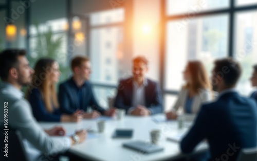 Blurred business people meeting in modern office, teamwork and corporate collaboration concept. High quality
