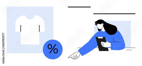 Woman holding tablet points toward solutions beside clothing and discount symbol. Ideal for retail, e-commerce, marketing, promotions, sales strategies, customer engagement, simple landing page