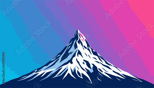 Minimalist Vector Illustration of Snowy Mountain Peak with Gradient Sky Background