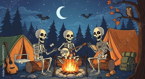 Skeletons Camping and Singing Around Campfire at Night.