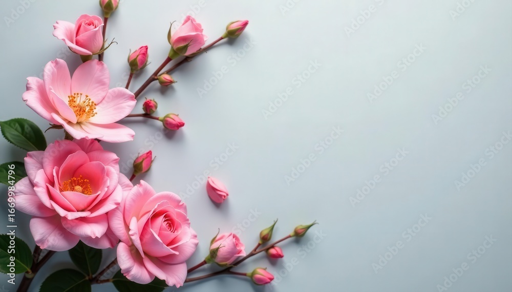 Fototapeta premium Soft gray backdrop, blooming pink roses, delicate spring accents , texture, bloom