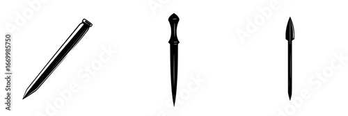 Various types of pointed implements for crafting, construction, and artistic uses displayed on a white background