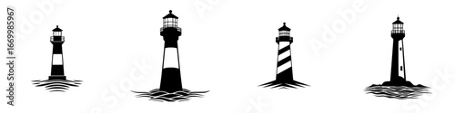 Collection of four distinctive lighthouse silhouettes against a light background, showcasing various styles and designs for maritime guidance