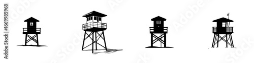 Unique design of lifeguard towers on stilts against a white background showcasing different architectural styles