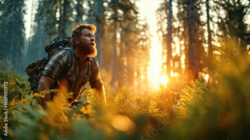 An adventurous hiker pauses to admire the breathtaking sunset illuminating a lush forest, symbolizing exploration, nature's beauty, and the thrill of outdoor adventures.