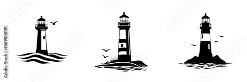 Three distinct lighthouses standing by the shore in varying designs and ocean waves showcasing coastal beauty