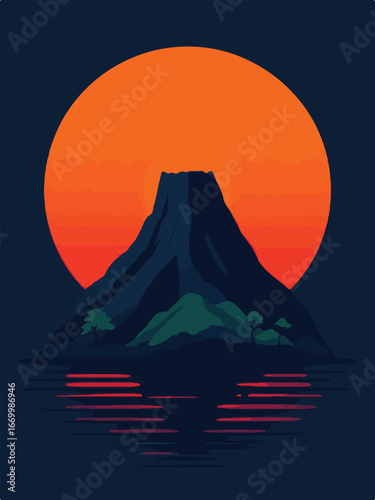 Active Volcano Eruption with Sunset Background