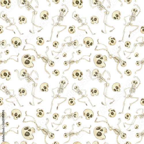 Seamless pattern with skeletons and skulls for Halloween. Watercolor illustration hand drawn cartoon. Drawing for textile, for paper, cards and invitations. Holiday, decoration, skeleton, skull