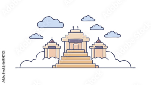 Dreamy Asian temple ascending into fluffy clouds, evoking serenity and peace, perfect for travel blogs, spiritual websites, or architectural designs with a whimsical touch